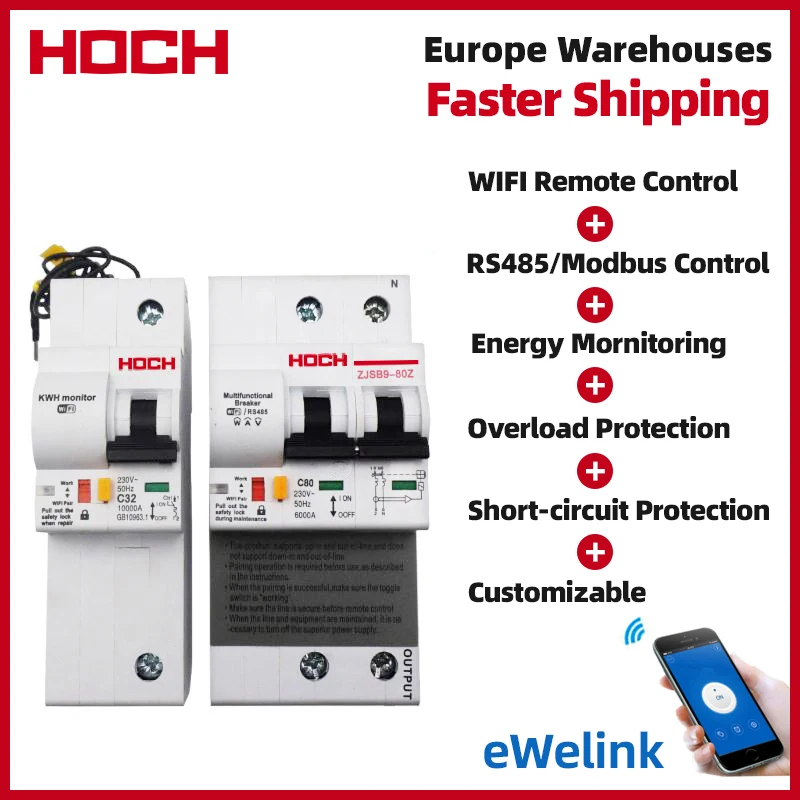 HOCH WIFI Circuit Breaker Energy Monitoring Consumption FACTORY Timer Remote Control RS485 Ewelink Smart Interruptor Wifi Switch