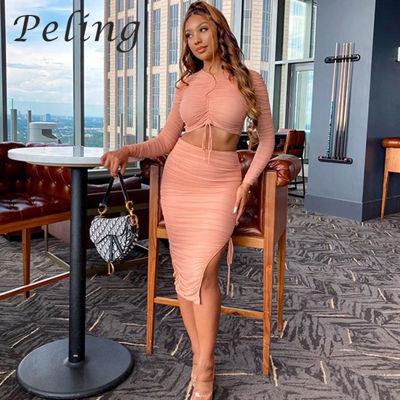 

Peling 2021 Autumn Women Mesh Bodycon Dresses Drawstring Hollow Out Pleated Dress High Split Long Sleeves Night Club Sexy Dress