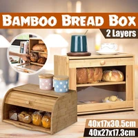 2 layers bamboo wood bread bin storage box lid loaf food pastry container kitchen squareroll top bread bin