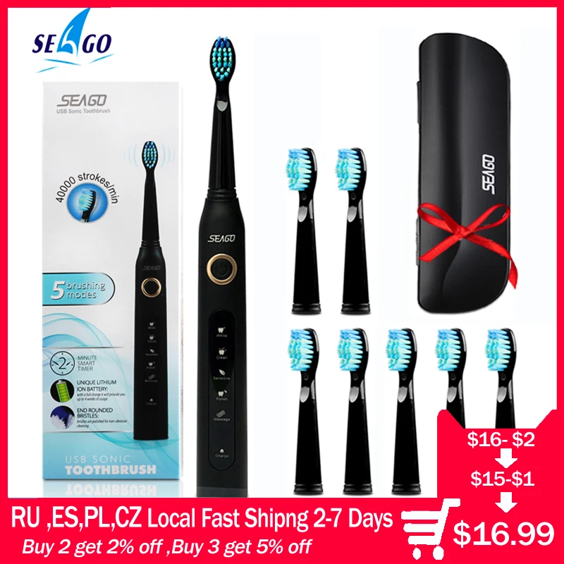 

Seago Sonic Electric Toothbrush SG-507 Adult Timer Brush 5 Mode USB Charger Rechargeable Tooth Brushes Replacement Heads Set