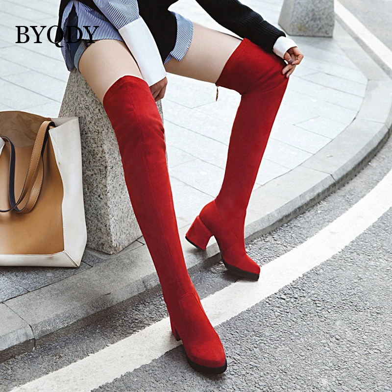 

Женские ботфорты из эластичной ткани BYQDY, зимние высокие сапоги до бедра с круглым носком и блочным высоким каблуком