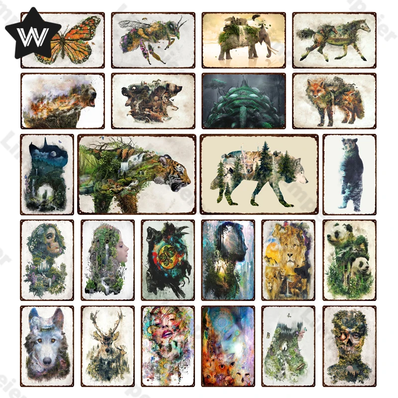 

Металлическая табличка, винтажная Наклейка на стену в виде динозавра, панды, лисы, жестяное искусство, украшение для бара, мужской пещеры