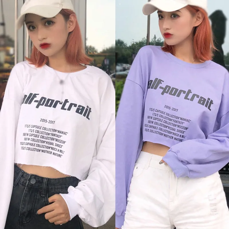 

Plus Size Sweatshirt 2020 Autumn Fashion Wild Letter Print Crop Tops Korean Style Round Neck Long Sleeves Pullover