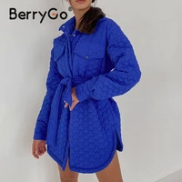 berrygo elegant royal blue za jacket women winter coat long sleeve lapel sash quilted coats casual loose pocket down parka women