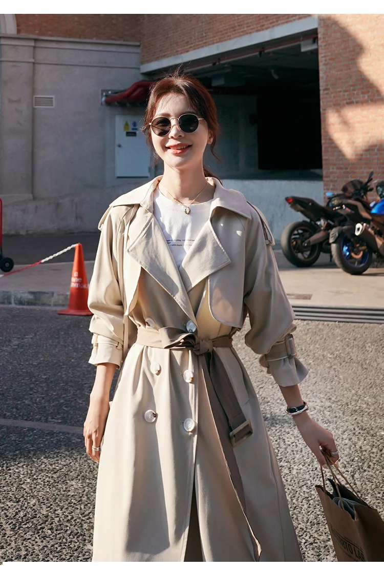 

2020 Autumn Winter New Hepburn Pleated Splice Bandage Long Trench Coat Cloak Office Lady Korea Loose Casual Windbreaker Overcoat