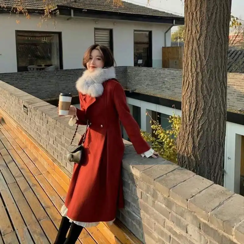 Женское длинное пальто элегантное шерстяное с поясом однотонное в Корейском