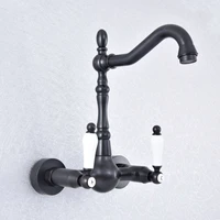 black oil rubbed brass bathroom kitchen sink basin faucet mixer tap swivel spout wall mounted dual ceramic handles msf706