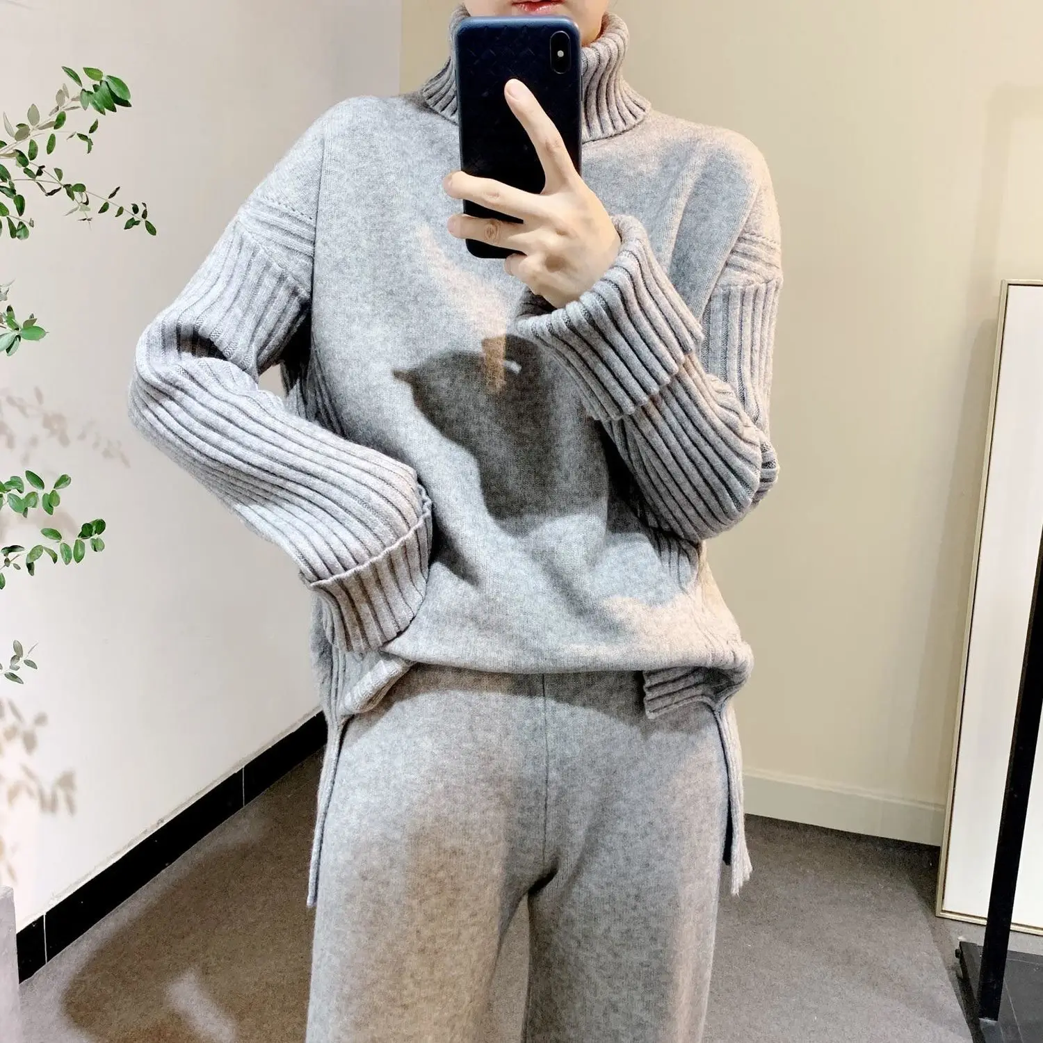 

New Autumn Elegant High Collar Twist Sweater Pullovers Wide Leg Trousers Solid Knit 2 Piece Set Tracksuit Women Sweater Set