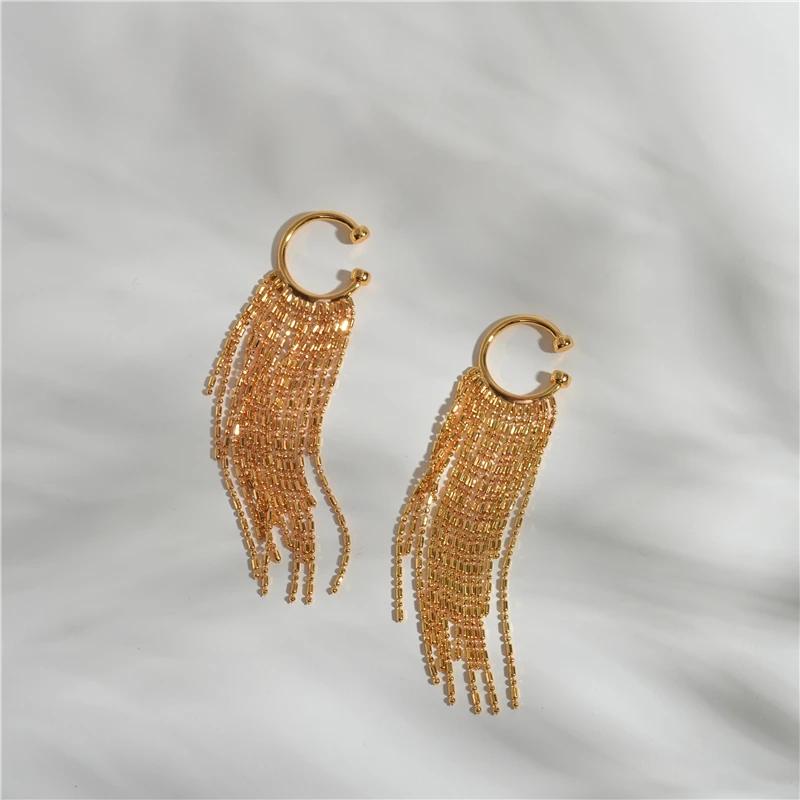 

Brass With 18K Gold Chains Long Tassel Ear Cuff Earing Women Jewelry Punk Party Gown Runway rare Boucle Korean Japan INS Trendy