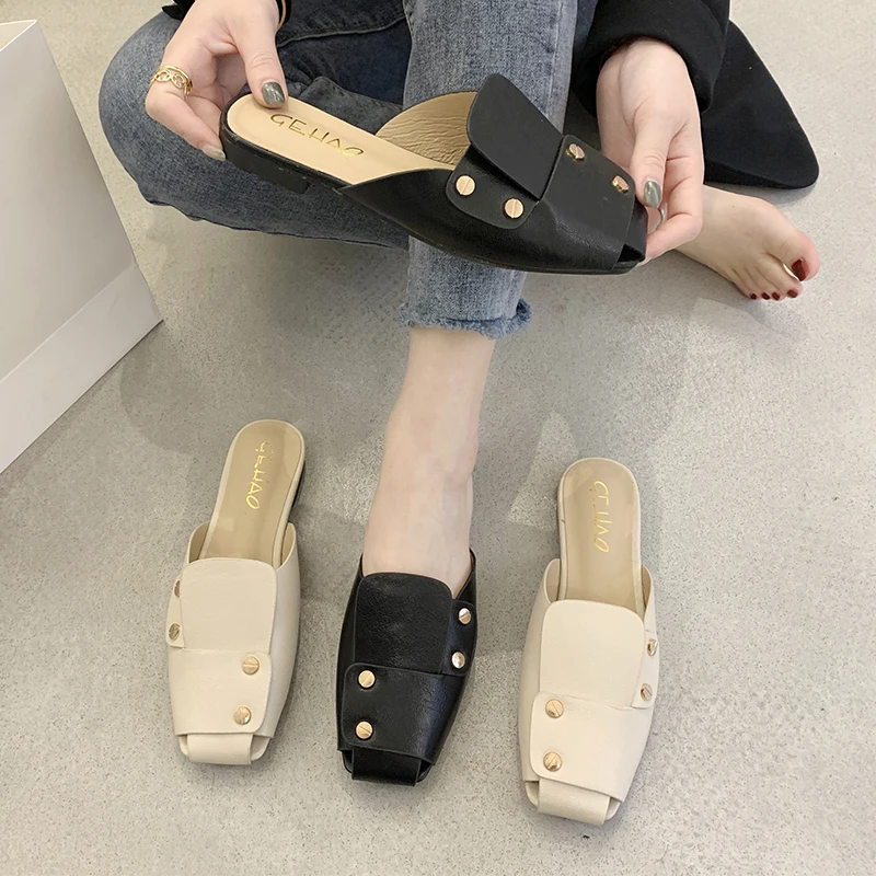 

Women Mules 2021 Summer Flat Slippers Vintage Weave Square Toe Low Heels Casual Leather Slides Women Shoes Black Beige Slippers