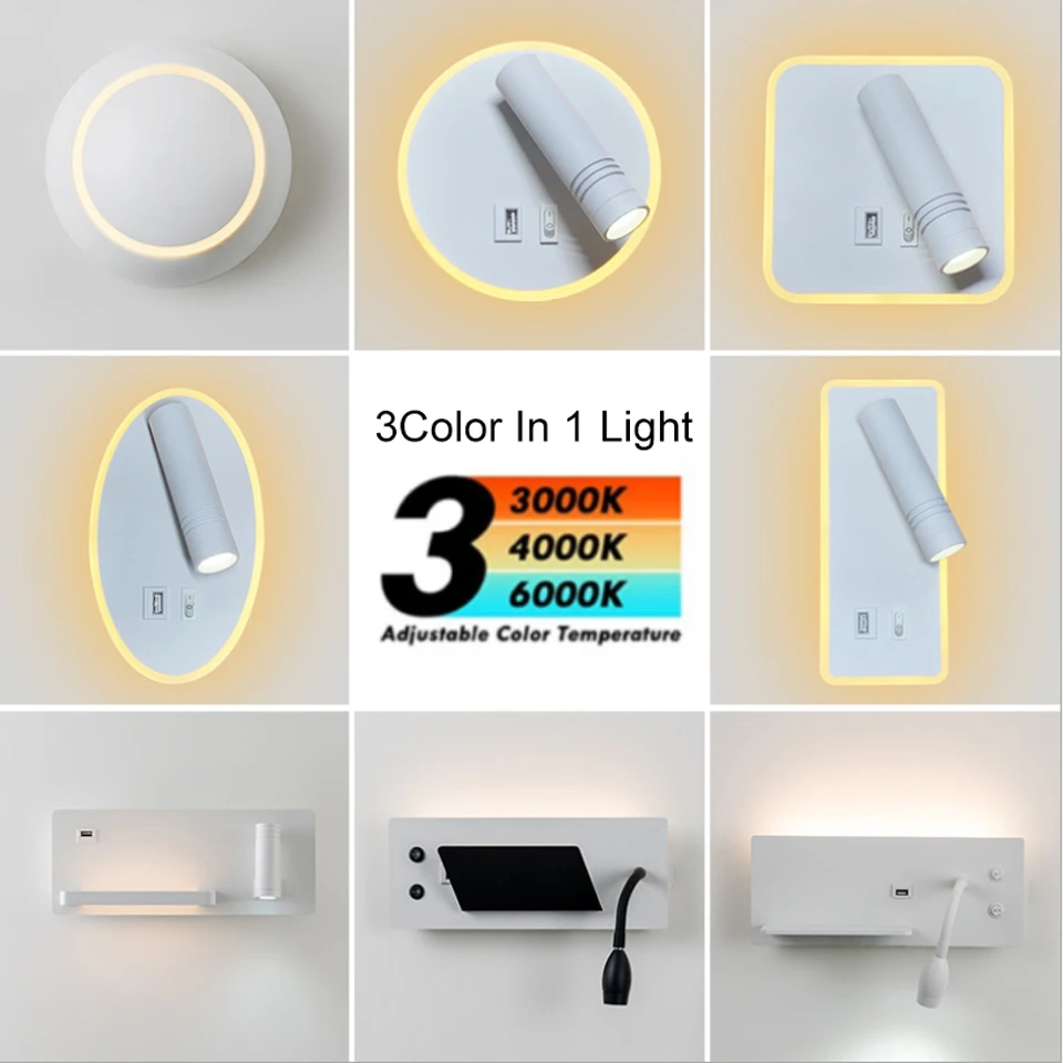 Wall Lamp Bedroom Angle Changeable Shelf Headboard Read Led Wall Light With Switch USB LED 3000K 4000K 6000K Modern Luminaire