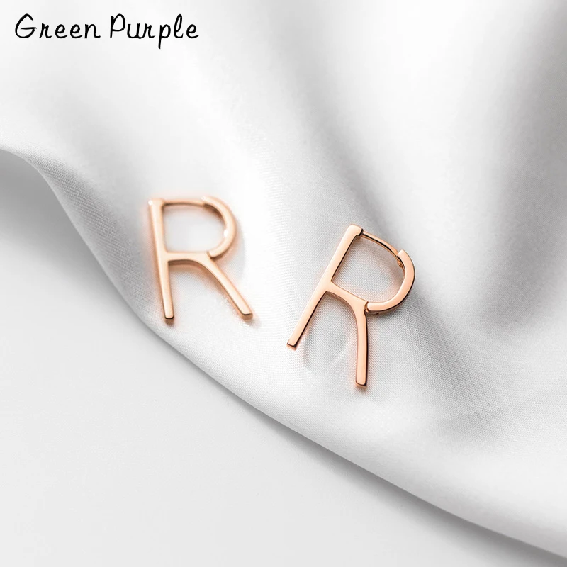 

Green Purple Letter Earrings Silver 925 Jewelry Simple Hoop Earrings Rose Gold Minimalism Fashion R Earrings For Women CE-1204