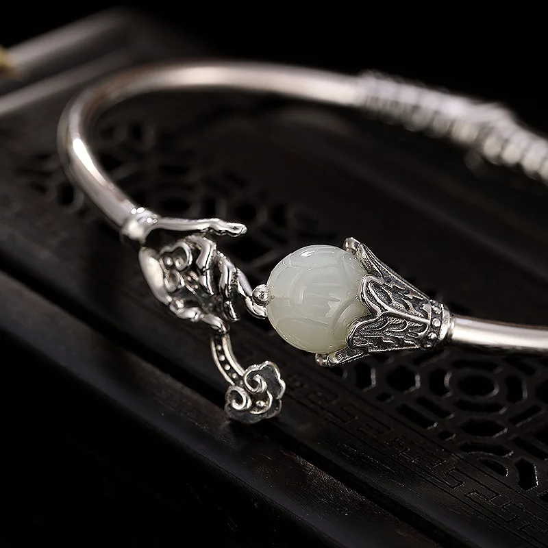 

Real Natural Jade Flower Bangles for Women Silver Buddha Hand Lotus Open Bangle Solid 925 Silver Bracelets Fine Jewelry
