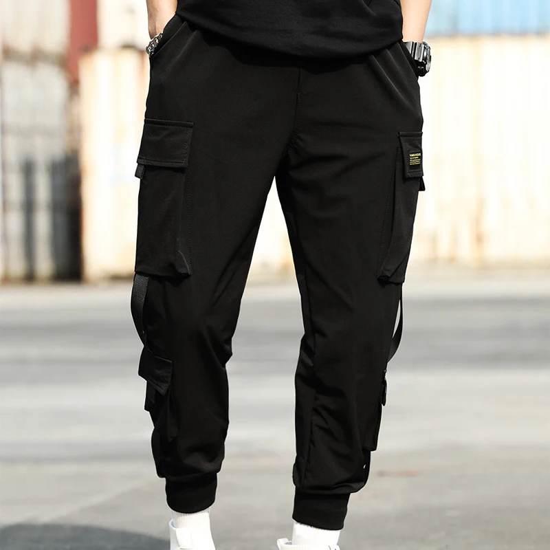 

Men's Side Pockets Cargo Harem Pants 2021 Ribbons Black Hip Hop Casual Male Joggers Trousers Fashion Casual Streetwear Pants