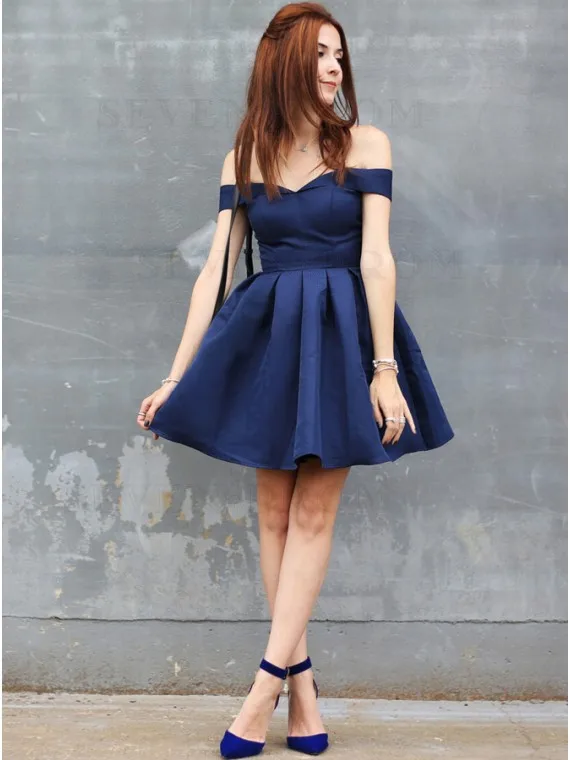 

Off The Shoulder Homecoming Dress Royal Blue Graduation Dress Satin Sleeveless Short Party Dress Above Knee Mini Short Dress