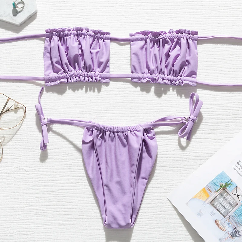 Женский купальник с оборками In-X однотонный бикини высоким вырезом бандо лето 2020 |