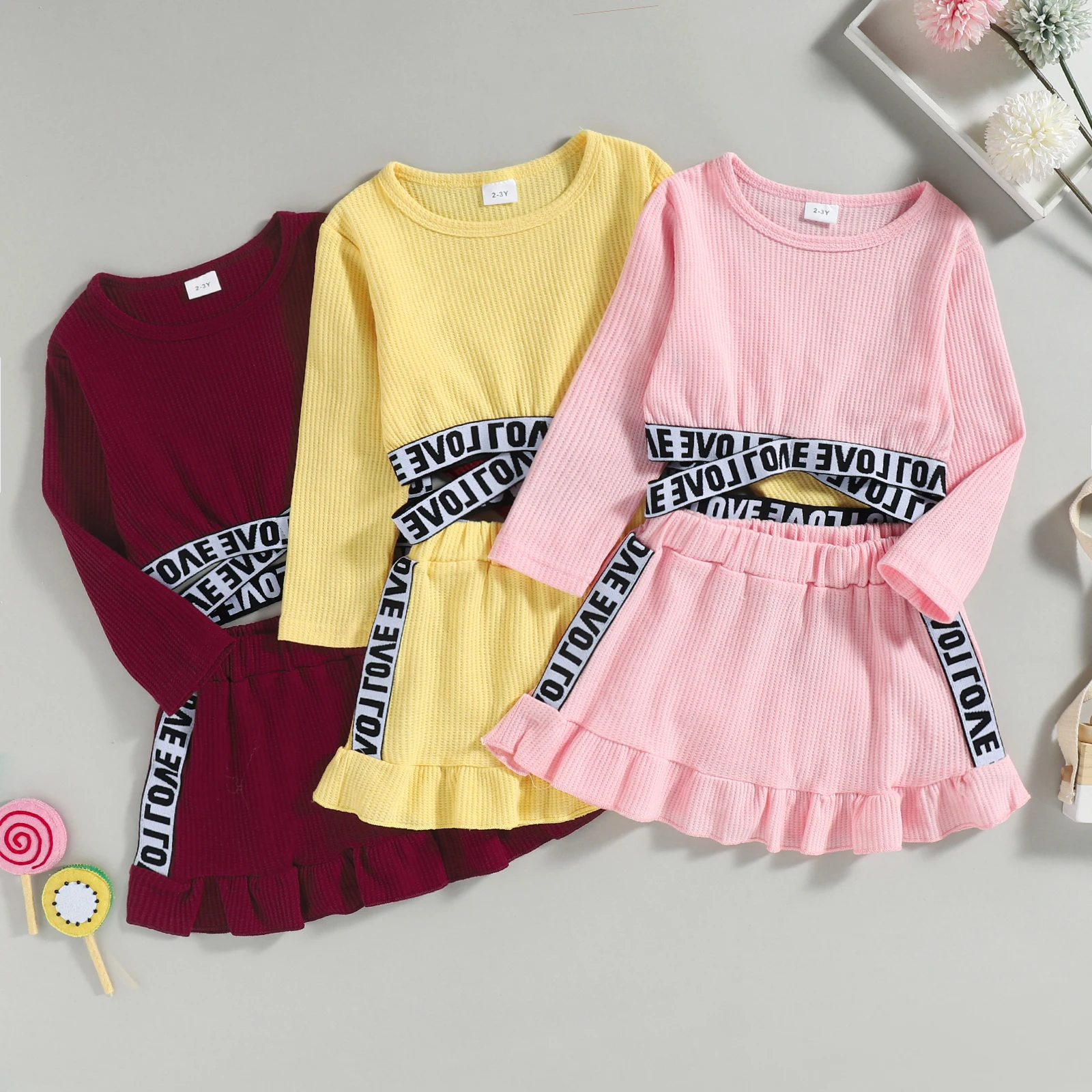 

2-7Y Lovely Kids Girls Autumn Clothes Sets 3 Colors Long Sleeve Pullover Letter Bandage T Shirts+A-Line Skirts