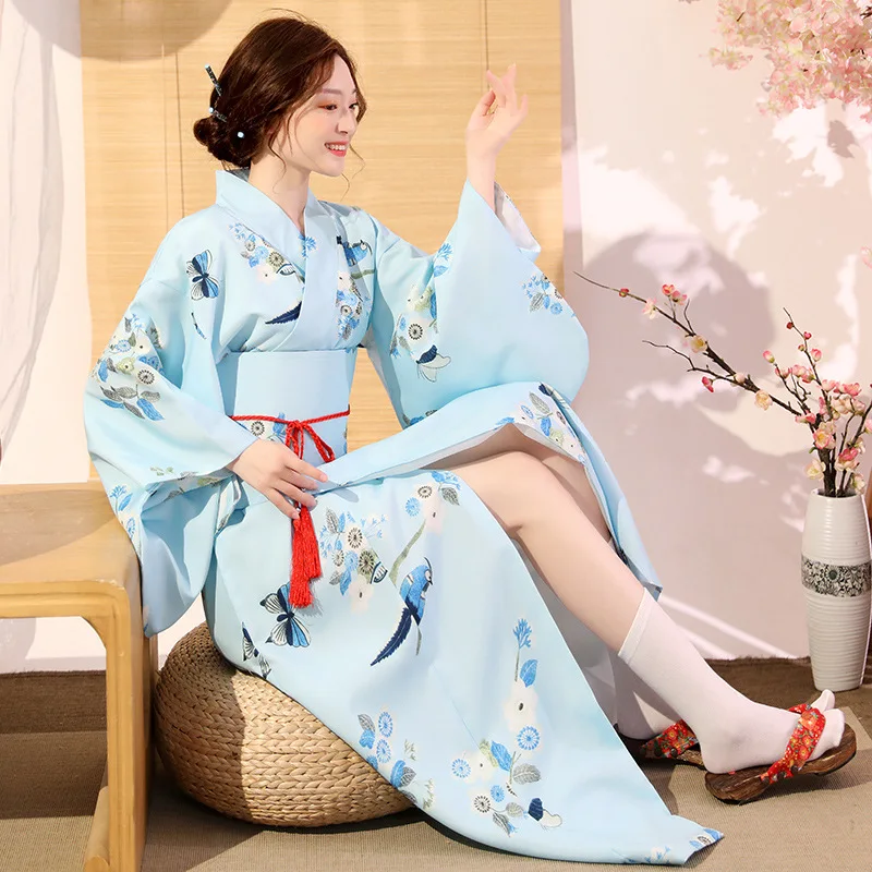 

Кимоно женское, светло-голубое, длинное, в японском винтажном стиле, для сценических шоу, вечевечерние, жапона, юкаты, выступлений, Оби