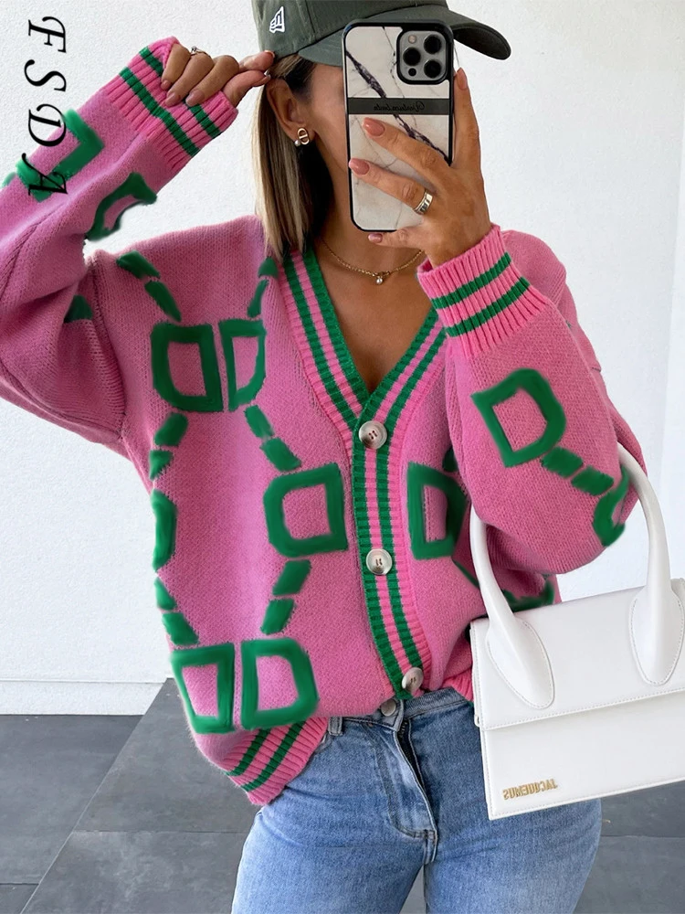 

FSDA 2022 V Neck Long Sleeve Caridigan Women Green Autumn Winter Knitted Sweater Loose Casual Fashion Jumper Vintage Oversized