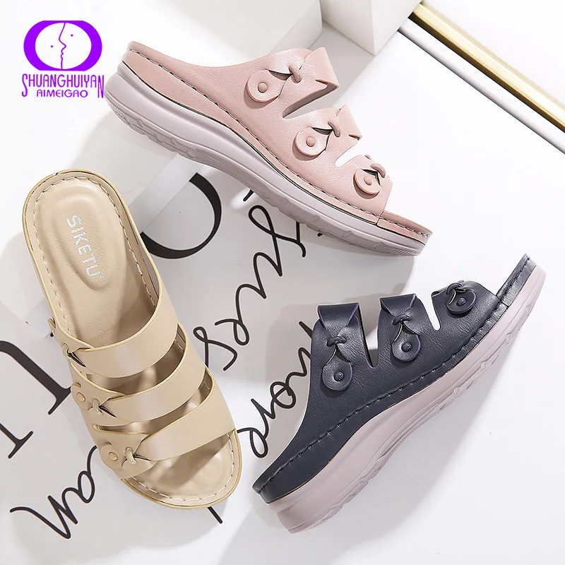 

AIMEIGAO 2021 New Female Shoes Wedges Slippers Women Sandals Casual Comfort Summer Beach Slippers Women Fashion Heeled Shoes