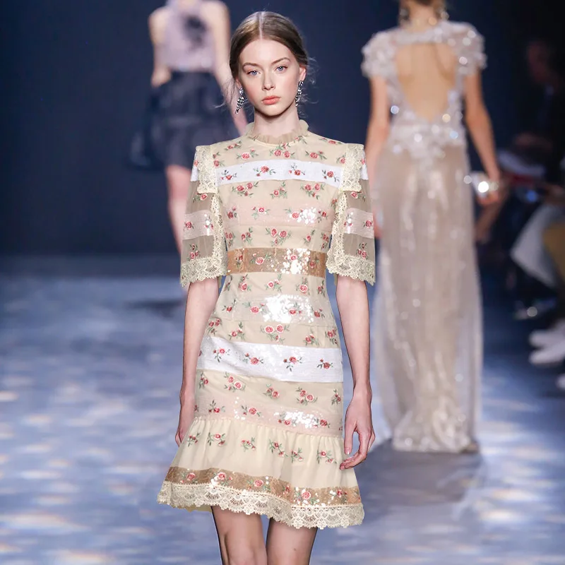 Женское кружевное платье в стиле бохо с коротким рукавом и цветочной вышивкой