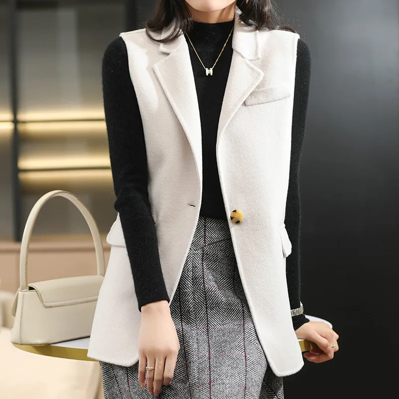 

Женский жилет, новинка осень/зима 2021, повседневное однотонное пальто, пальто из 100% шерсти, кашемировый топ с лацканами, женская верхняя одеж...