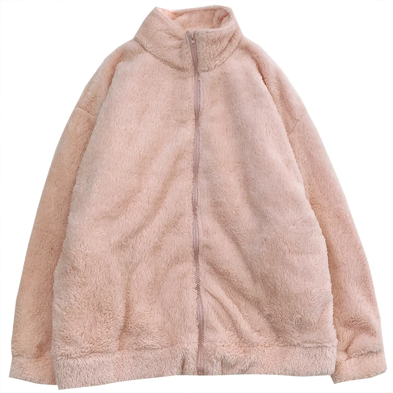 

Yeeloca Spring Soft Comfortable Pink Double Faced Velvet Coat Girl's Casual Stand Collar Zipper Loose Coat Sweet Warm Jacket
