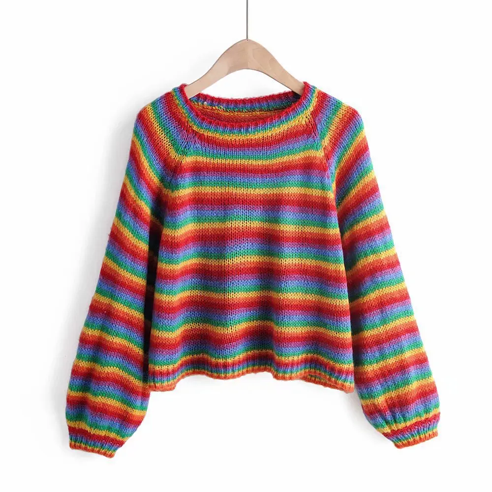 Женский Цветной полосатый Радужный свитер с длинными рукавами круглый воротник