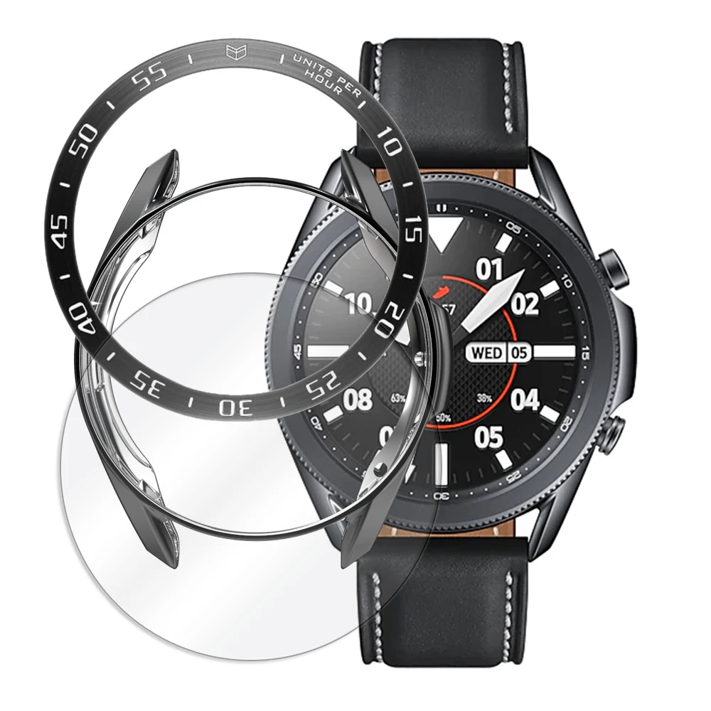 3 упаковка чехла для Samsung Galaxy Watch 45 мм и 41 мм + кольцо на рамку и защитная пленка из закаленного стекла для экрана.