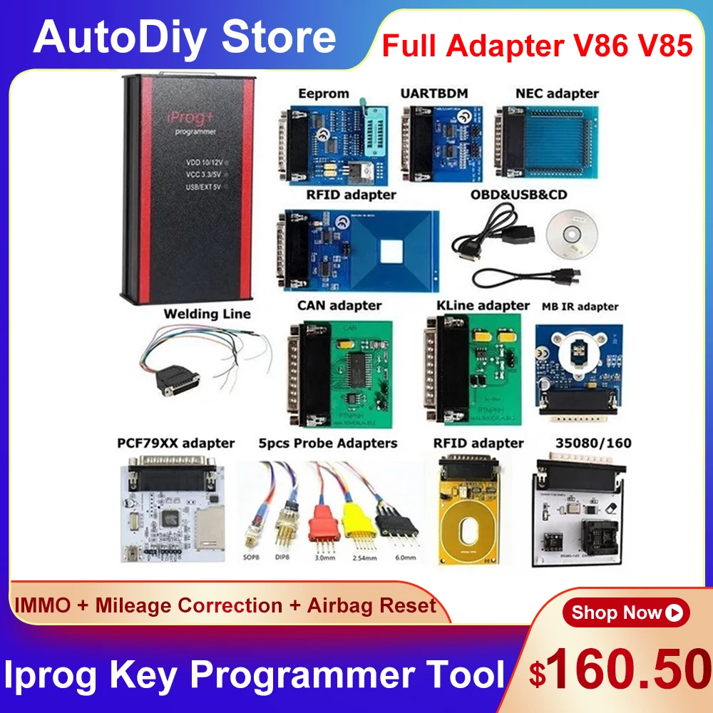 

Iprog Prog V84 V85 Auto ECU Programmer Support IMMO Mileage Airbag Reset Till 2019 With 6/10 Full Adapters Car Diagnostic Tools