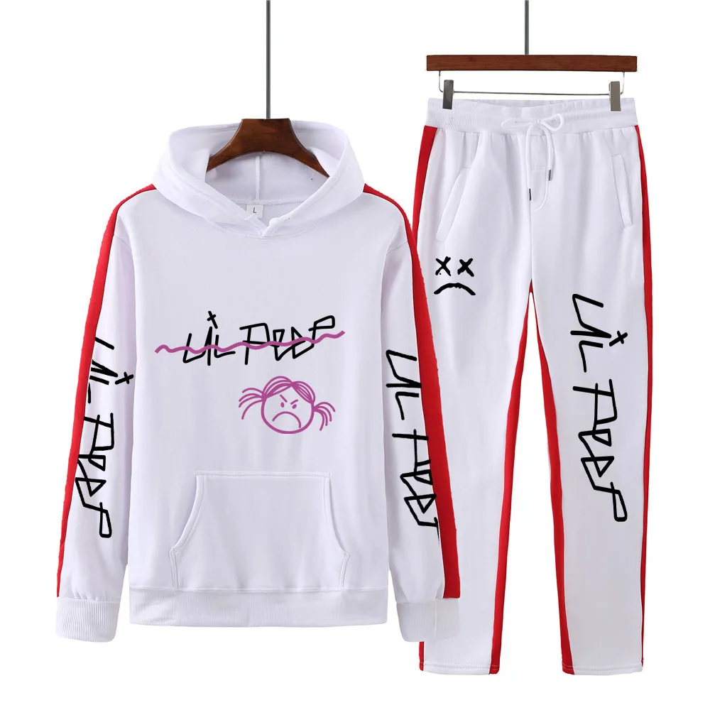 

Autumn Winter Men Women 2piece LILPeep Leisure Sports Suit Fleece Pocket Personality Striped Couple Hooded Pullover 2021