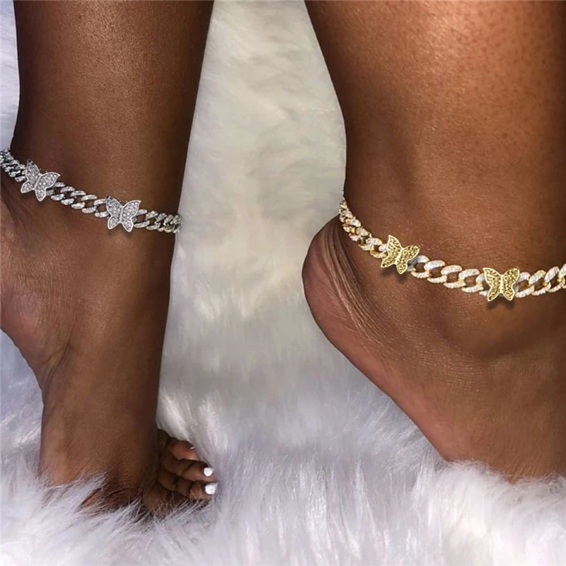 

Hot Cuban Link Butterfly Rhinestone Anklets for Women Gold Silver Color Butterfly Anklet Bracelet Beach Barefoot Foot Jewelry