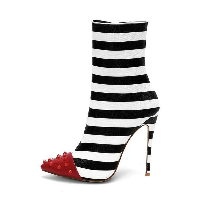 

OEING Women's Black White Zebra High Heels Booties Red Stripe Toe Stilettos Shoes Rivet Studs Pointed Toe Ankle Boots Size