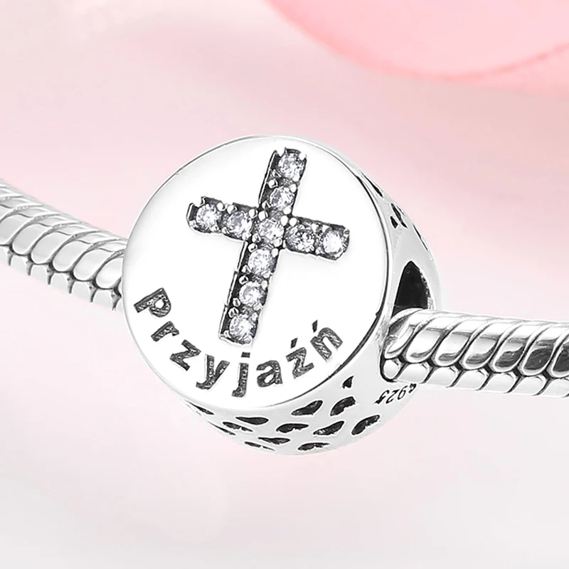 Hight Quality 925 Sterling Silver Cross Fine Beads CZ Bible Virtues-Friendship Charm Fit Original Mikiwuu Bracelets DIY Jewelry - Высококачественное серебряное крестовое ожерелье с камнями CZ и символами дружбы, подходит для оригинальных браслетов Mikiwuu