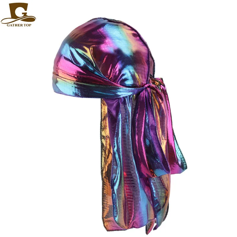 

Laser Imitated Silk Fabric Long Tail Pirate Hat Toque Hip Hop Mantle Hat DURAG