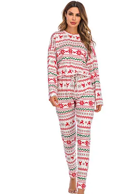 

2020 Christmas Suit New Winter Women's Sleep Shorts Top Round Collar Snowflake Elk Print Loose Elastic Home Clothes