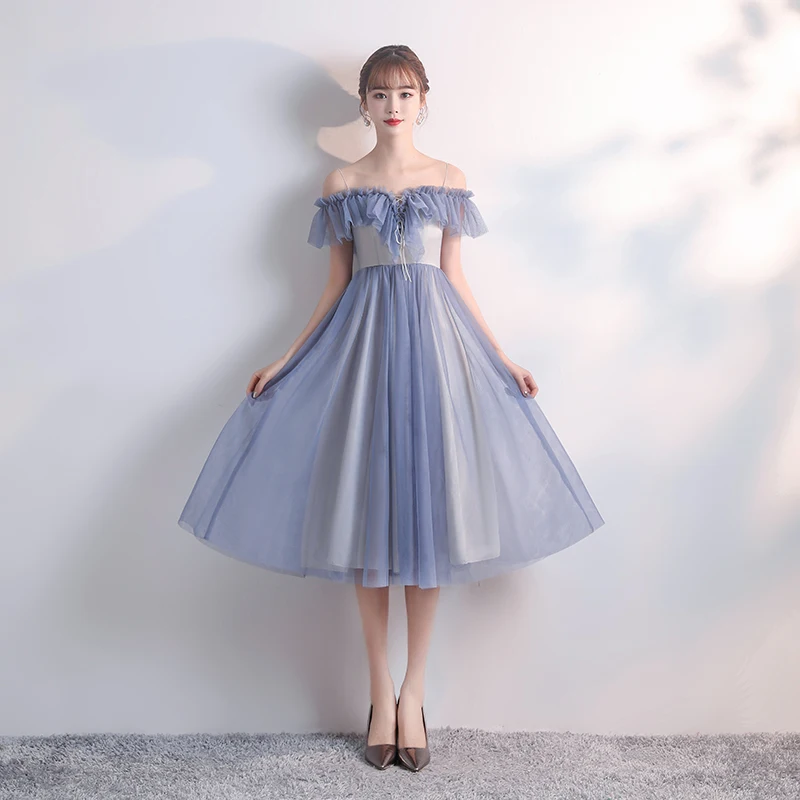 Женское платье с открытыми плечами темно синее подружки невесты из тюля