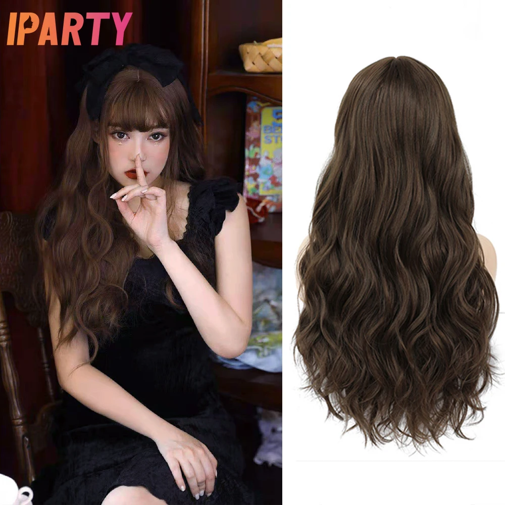 Длинный Темно коричневый синтетический парик Лолиты волнистые волосы с челкой