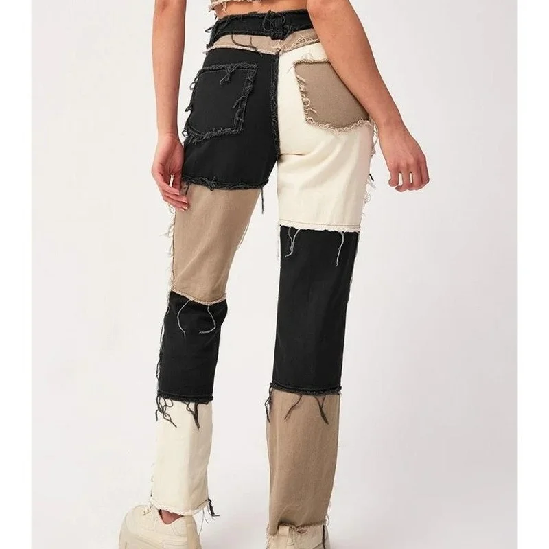

2021 High Elastic Stitching Raw Edge Women's Straight-leg Jeans Hip Hop Disco Pants Ladies High Street Casual Trousers
