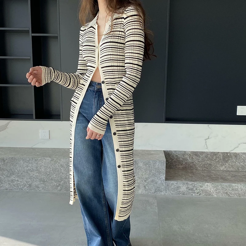 

Женское трикотажное платье в полоску, однобортное облегающее элегантное винтажное платье в Корейском стиле с отложным воротником и длинны...