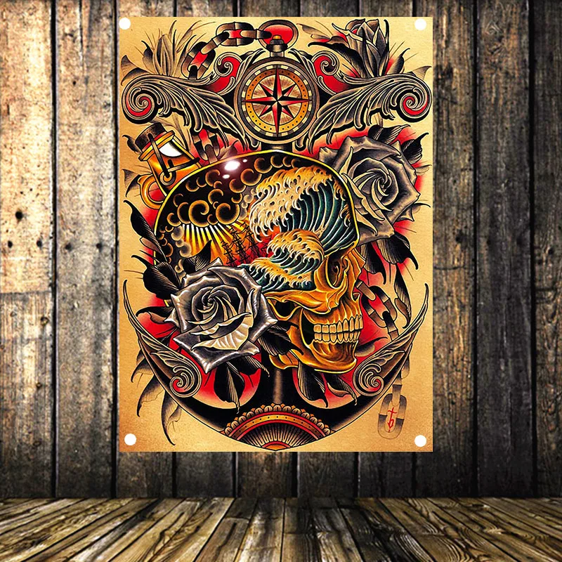

Beautiful tattoo Poster Banner Four Holes Canvas Flag High quality Cloth Painting Tapestry Wall Sticker Bar Cafe Home Decor