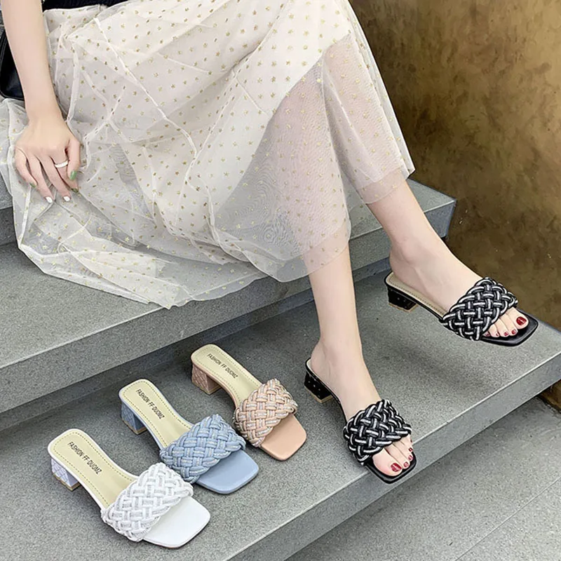 

New Women Pumps Solid Thick Heels 5cm New Weave Design Summer Fashion Sandals Open Toe Slippers Heels Luxury Prom Woman Shoes