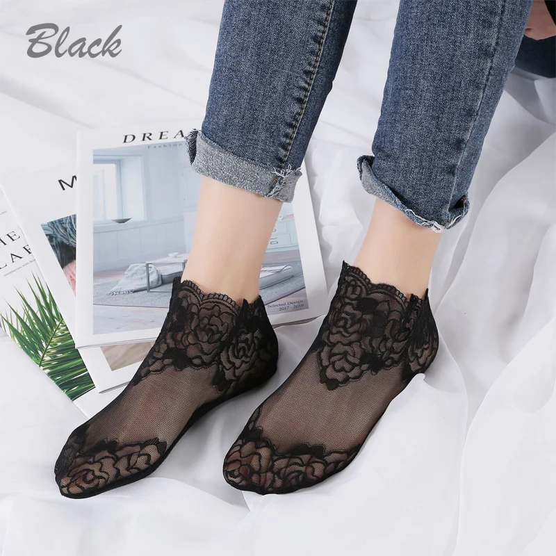 Sexy Low Invisible Ankle Transparent Hollow Out Socks Spring Summer Woman Lace Flower Short Boat Sock Non-slip Short Socks