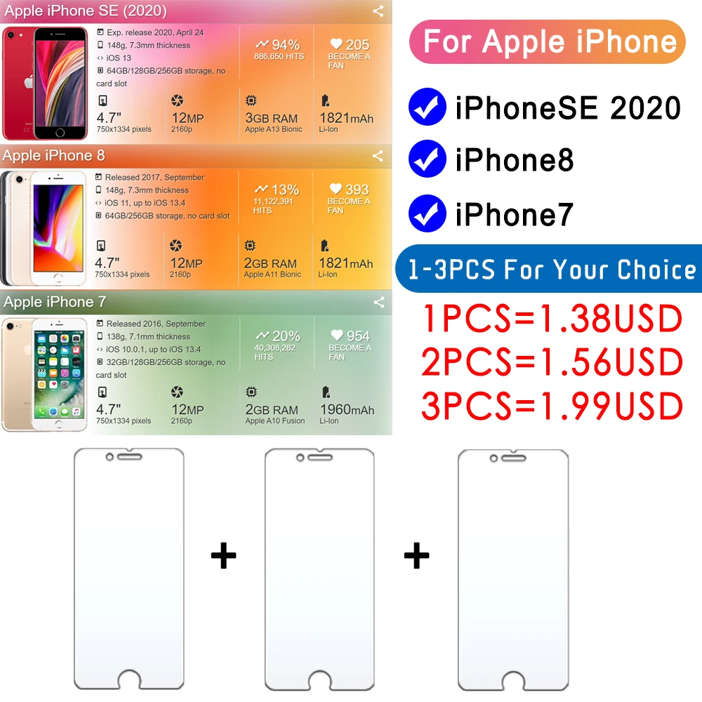 protective glass for iphone se 2020 screen protector i phone 7 8 tempered glas ip ise i7 i8 se2020 armor sheet film 1 2 3 pcs free global shipping