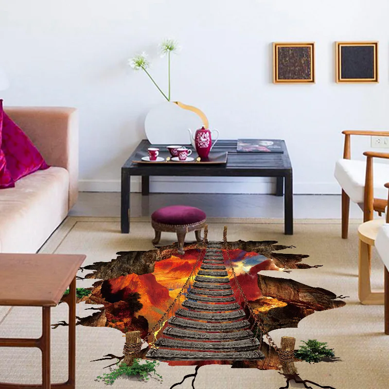 

3D wall sticker Huoyanshan iron cable bridge PVC removable three-dimensional decorative painting