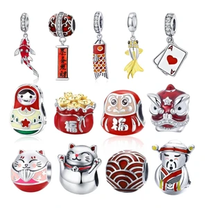 Китайский новый год красный DIY бисер BISAER 925 пробы Серебряный фонарь мышь кои серебряные подвески бусины подходят Pandora оригинальный браслет