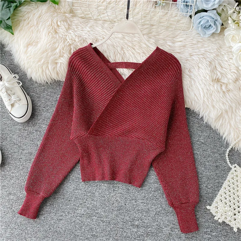 

2020 New Spring Autumn Sexy V-neck Fashion Women Sweaters Bat Sleeve Knitted Tops Backless Pullover Ladies Sweater