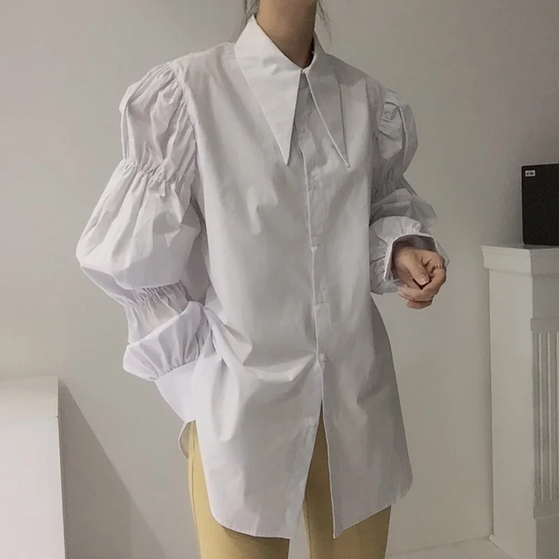 

Shirts Korean Chic Style Pointed Collar Single Breasted Design Loose Bubble Sleeve Shirt Women's Top