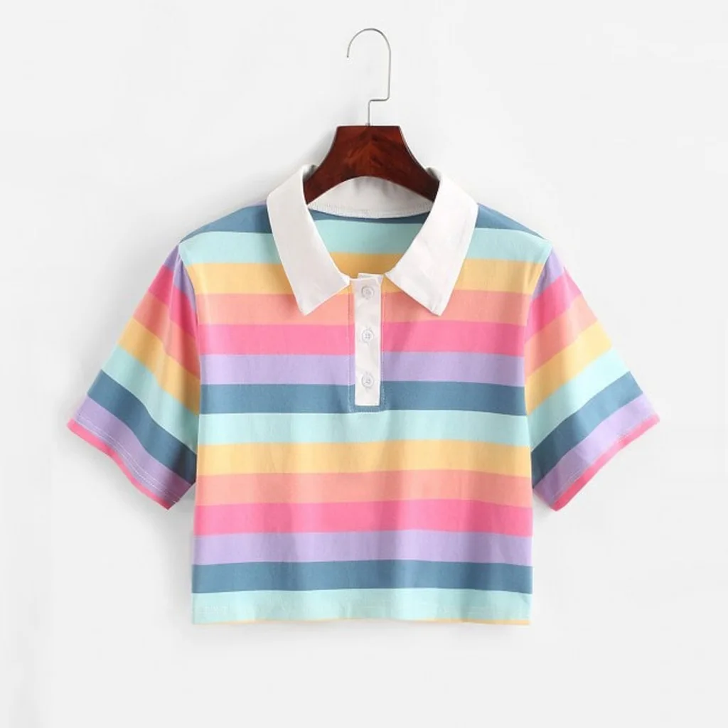 

2021 summer new rainbow stripe polo shirt sweatshirt cotton short-sleeved t-shirt female summer Korean short-sleeved short top