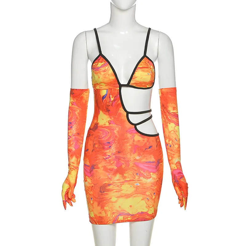 

Sexy Hollow Out Strap V Neck Party Dress with Gloves Women Clubwear Printed Birthday Outfits Bodycon Mini Dresses Robe Femme